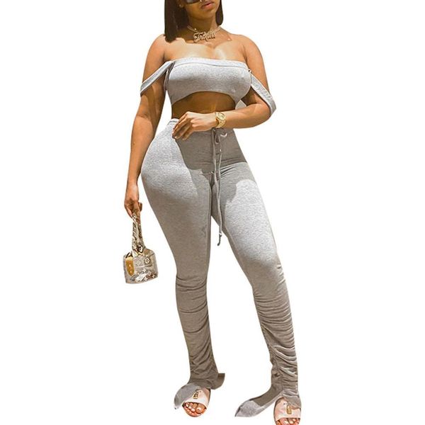 

flare pants stacked joggers womens tracksuits slash neck off shoulder tanks pleated high waist trousers split bell bottom, Gray