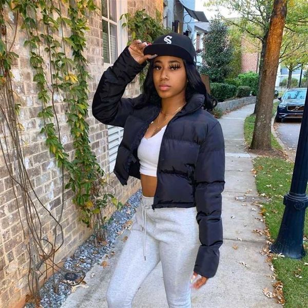 

cropped puffer coat women zipper v neck long sleeve ladies warm down short bubble coats with outwear thin light 211018, Black