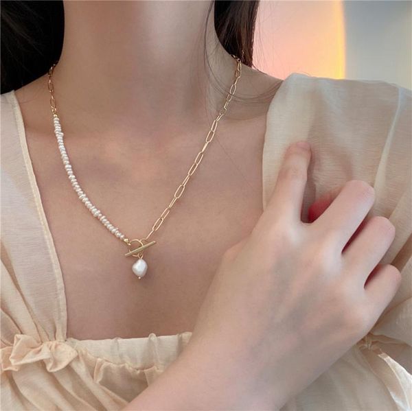 

chokers korean vintage natural freshwater pearl necklaces for women gold color link chain asymmetric toggle clasp circle choker necklace, Golden;silver