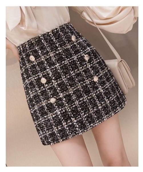 

skirts small fragrance woolen mini winter women vintage plaid gold double-breasted tweed a-line skirt high waist femi 3u1t, Black
