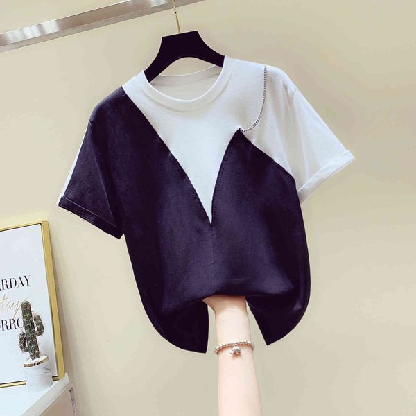 

t shirt white and black patch cotton shirt women short sleeve women's spring summer loose t-shirt tee tshirt female