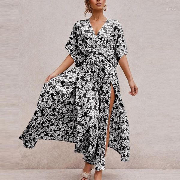 

women's wool & blends 2021 vintage floral print boho dress women split long beach summer vestidos sash lace up elegant party maxi, Black