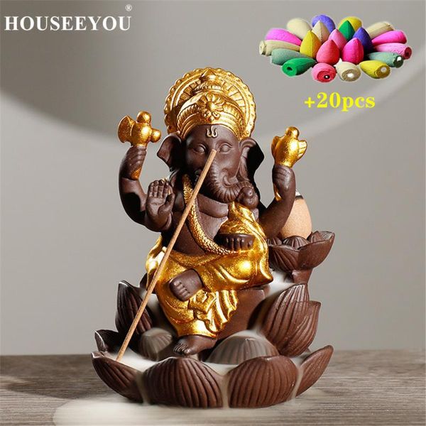 

ganesha backflow incense burner elephant god emblem auspicious and success ceramic stick holder aroma censer home decor crafts fragrance lam