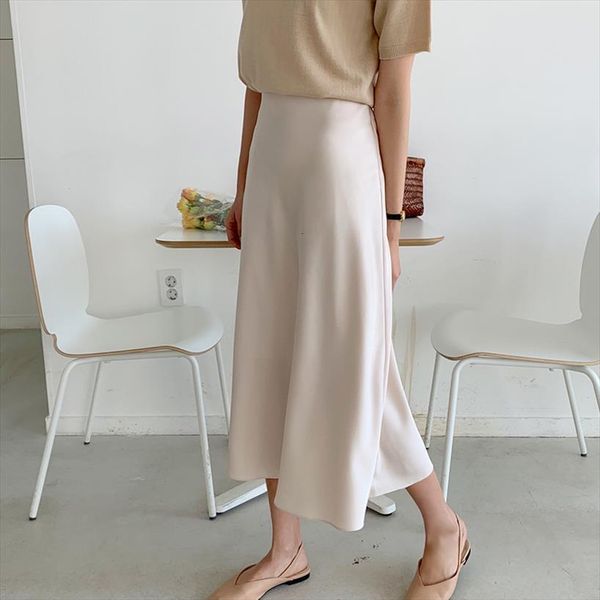 

spring summer vintage solid women skirt casual high waist a line satin mid calf skirts female elegant office lady, Black
