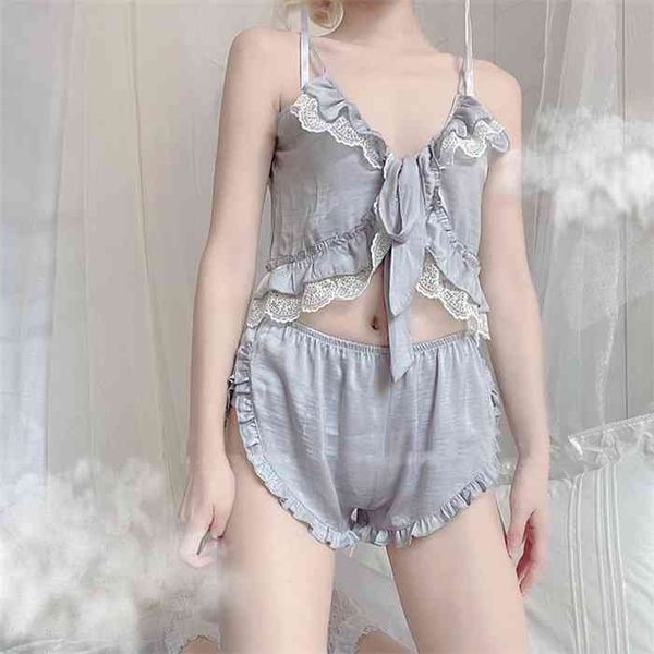 

grey pyjamas soft sleepwear fashion lingerie pajama set for women shirts shorts underwear sleeveless lace pijama mujer, Black;white
