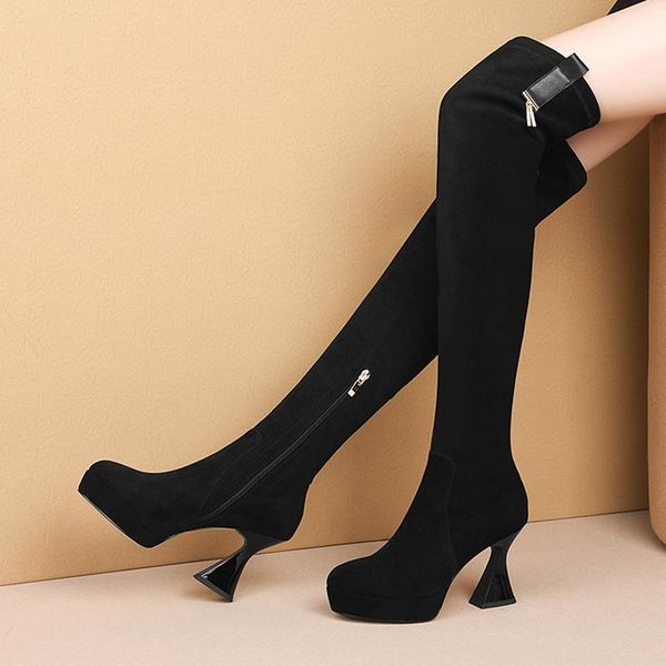 

boots ins women over-the-knee sheep suede upper classic zipper womens long shoes woman super high heel platform, Black
