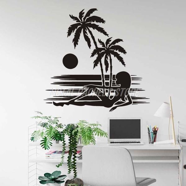 

wall stickers tropical island resort seashore sticker palm lady sunbathe silhouettes home decor decal coconut tree living room bedroom