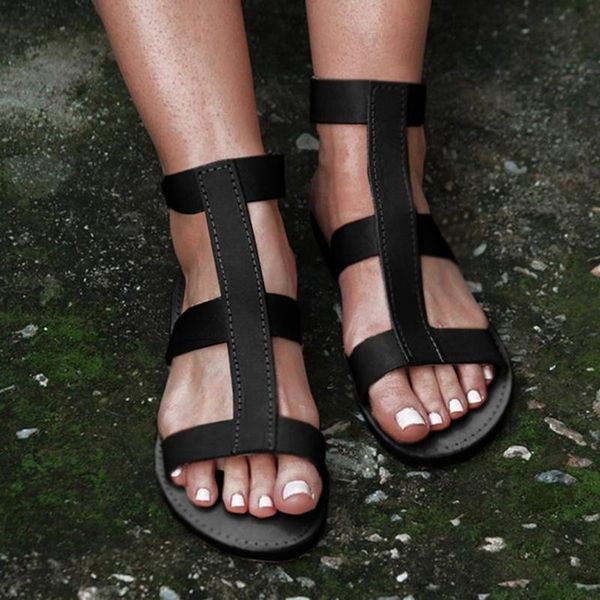 

leather sandals for women t-tied summer shoes rome style flats hollow out fashion slip-on female, Black