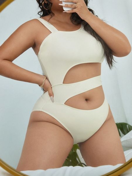 

plus solid cut out one piece swimsuit x0j0#, Black