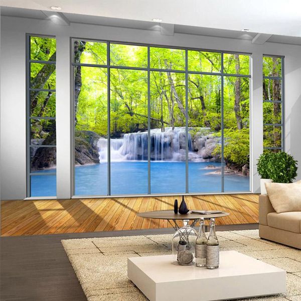 

wallpapers po wallpaper 3d window forest waterfall nature landscape murals living room tv sofa background wall cloth 3 d papel de parede