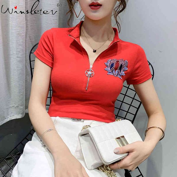 

women's t-shirt summer korean style cotton girls fashion turndown collar zipper patch women short sleeve back tees t1292, White