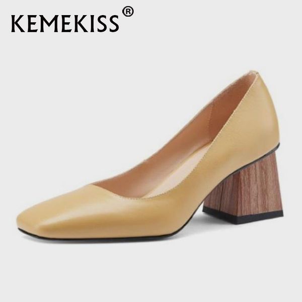 

dress shoes kemekiss size 34-43 2021 rea leather women square heel for office high toe pumps weeding footwear, Black