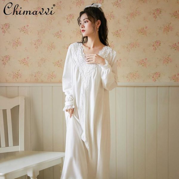 

women's sweet fashion lace patchwork long-sleeve nightdress spring retro cotton v-neck solid color loose homewear sleeping dress sleepw, Black;red
