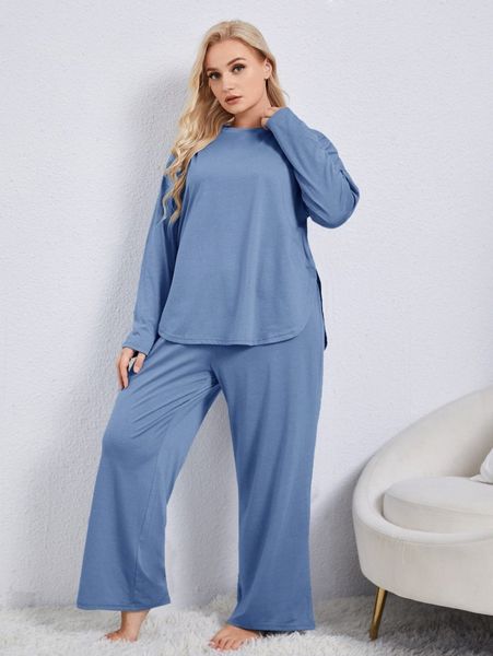 

plus drop shoulder tee & pants pj set 36u5#, Black;white