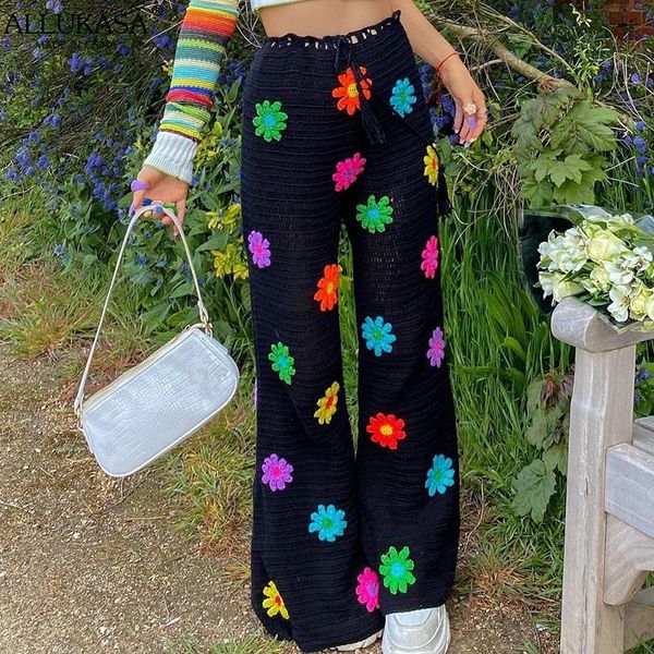

women's pants & capris women wide leg flower crochet high waist 2021 summer boho casual travel beach holiday long drawstring trousers, Black;white
