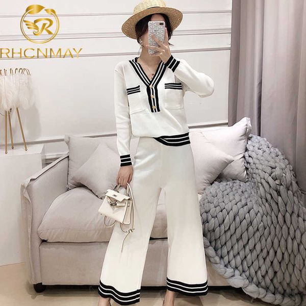 

autumn fashion knitting female sweater pants for women two piece set knitted pullover v-neck long sleevewide leg 210930, White