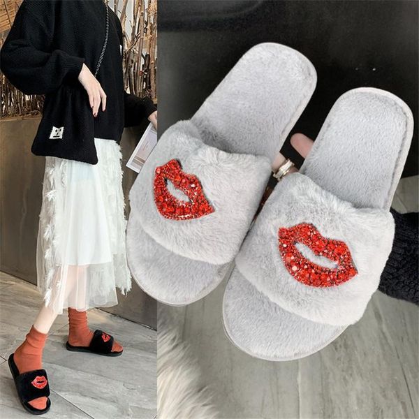 Chinelos de inverno mulher sapatos sexy cute pelúcia linda corrediços confortáveis ​​soft quarto home interior vermelho lábios