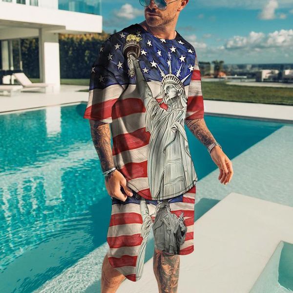 

jogging clothing summer casual harajuku set men's american flag pattern fashion men t shirt matching short sportswear suit, Black;red