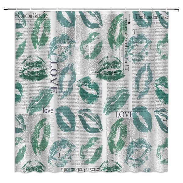 

lips shower curtain blue-green lips imprint on vintage european and american style old newspaper,70x70 inch polyester