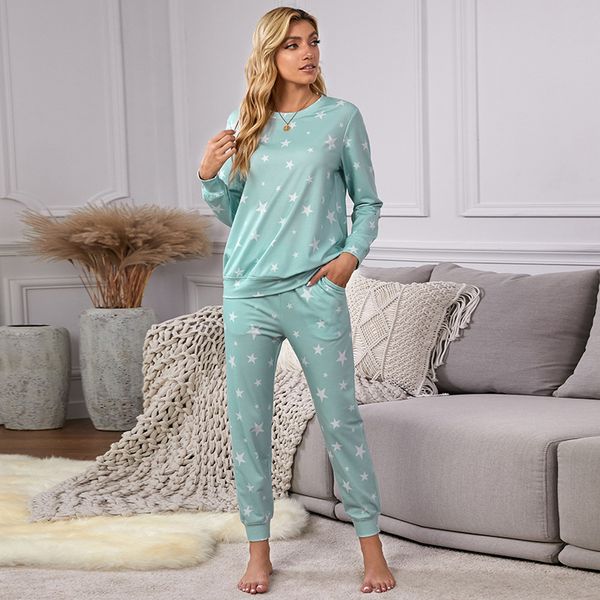 

women's shiying knitting round neck autumn winter housewear long sleeve suit star element pajamas, Black;red
