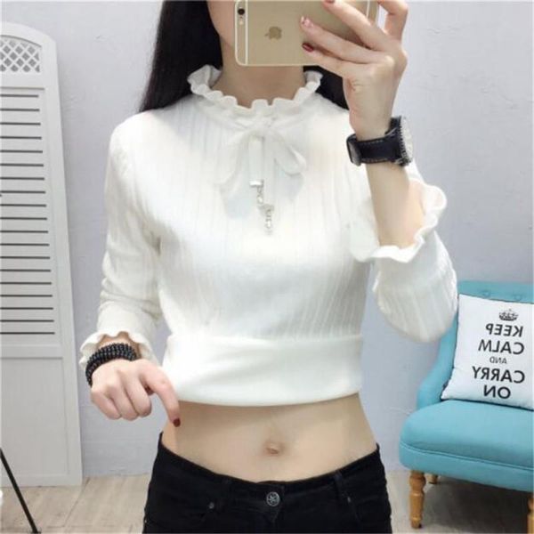 

women's sweaters 2021 winter plus velvet thick sweater long sleeve doll collar knitted bottoming shirt fashion casual solid color, White;black