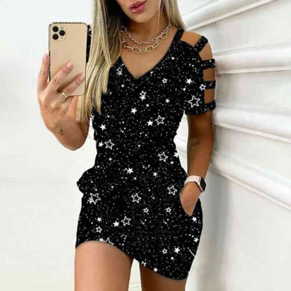

summer slim dress womens star print hollow off shoulder dresses pockets v-neck short sleeve casual mini party dress, Black;gray