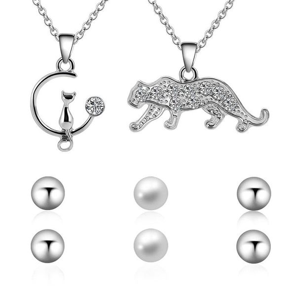 

earrings & necklace 2pcs set cat leopard animal shape crystal silver color chain exquisite pendant round earring stud female gift jewelry