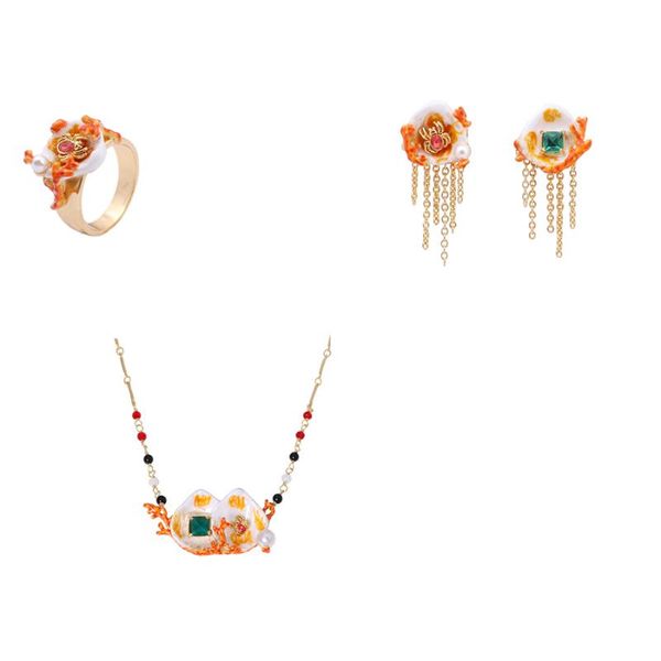 

earrings & necklace marine life series shell pearl coral short ring set wholesale jewelry for woman 2021 trend, Silver