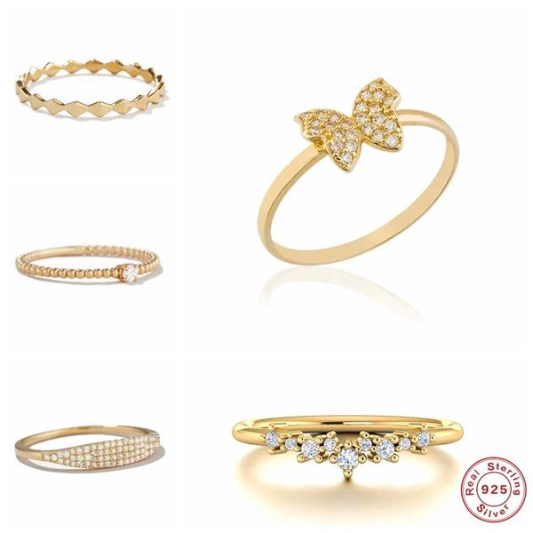 

cluster rings genuine 925 sterling silver butterfly skinny micro pave cz finger for women girls size 7 engagement ring fine jewelry gift, Golden;silver