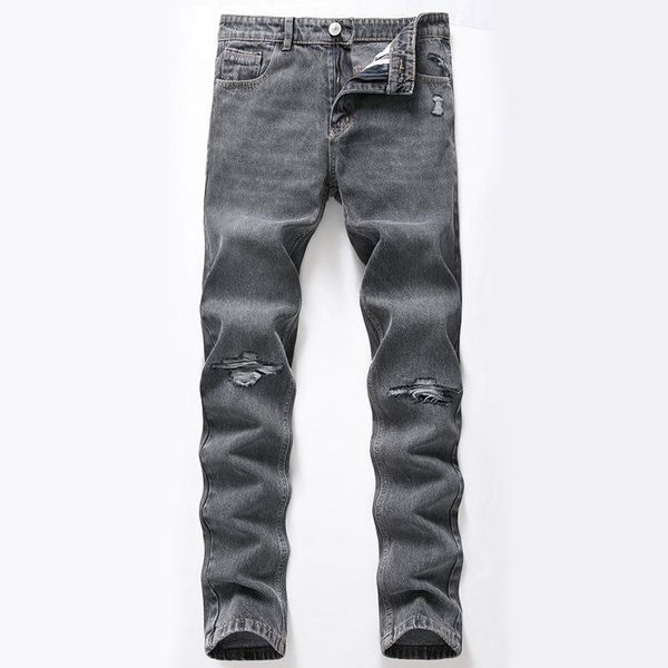 

men's jeans men gray pants slim zipper straight denim gentleman hole trousers, Blue
