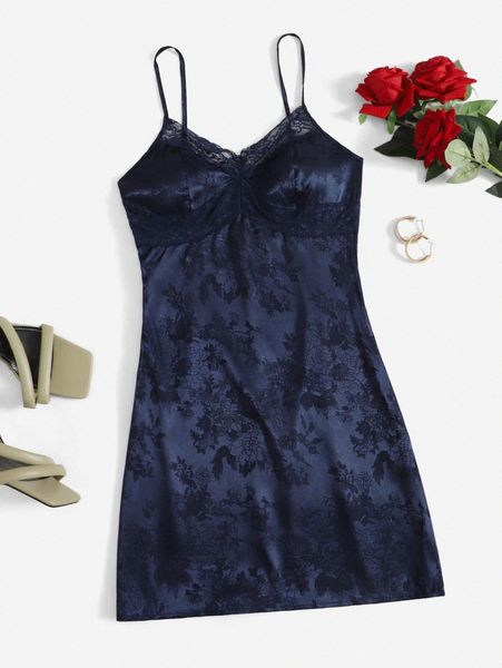 

lace trim jacquard satin cami dress v9t1#, Black;gray