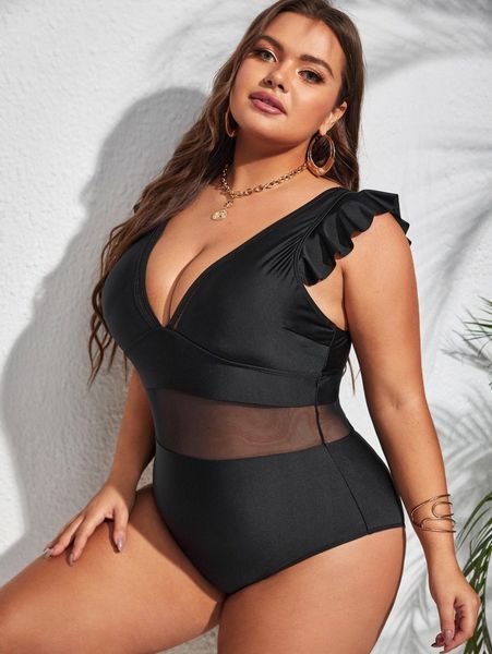 

plus solid ruffle trim contrast mesh one piece swimsuit l4nf#, Black