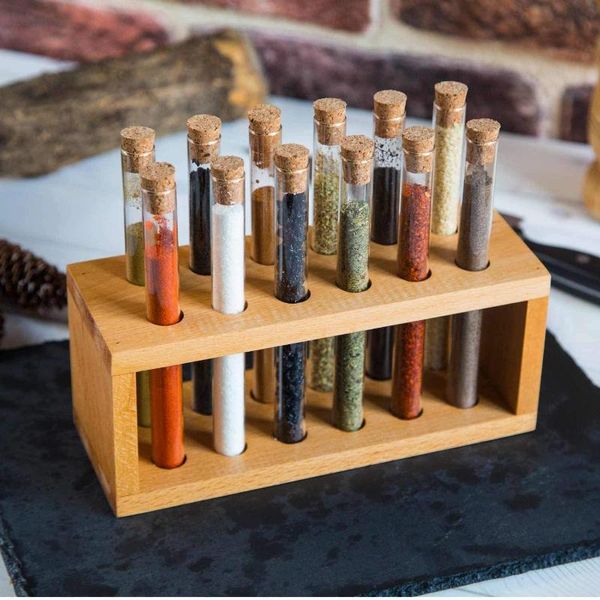 

pieces glass tube spice jars with bottle cork lid and wooden stand storage bottles