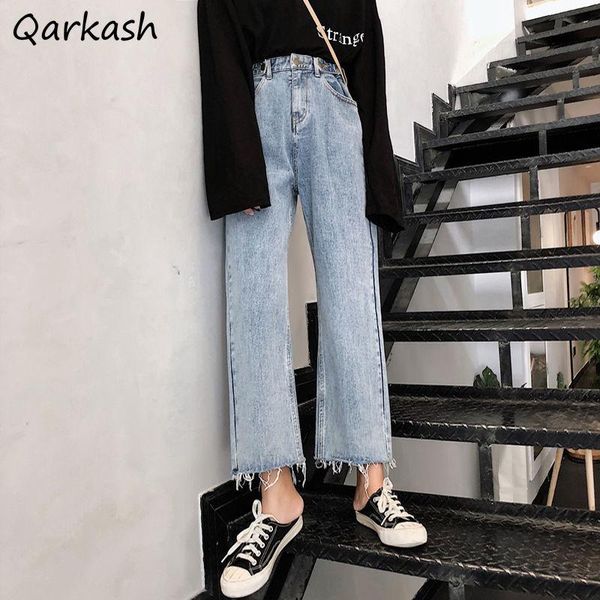 

women's jeans women washed do old trendy loose spring autumn all-match high street cool tassel pockets buttons ankle-length retro lady, Blue