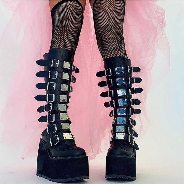 

ins 2021 brand new gothic street women's knee high boots platform wedges high heels buckle boots for women punk shoes woman y0910, Black