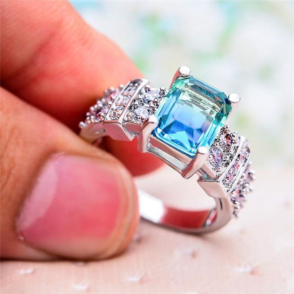 

wedding rings charm female crystal blue stone ring vintage silver color rainbow for women promise love square engagement, Slivery;golden