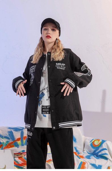 

women's jackets baseball jacket long sleeve loose varsity jacket,autumn leisure letter embroidery uniform single-breasted coat, Black;brown