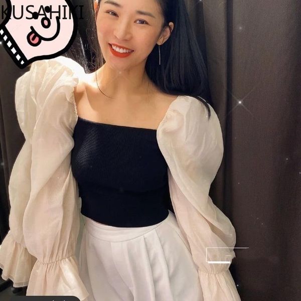 

women's blouses & shirts kusahiki woman 2021 puff sleeve hit color patchwork korean square collar slim fashion spring blusas 6f638, White
