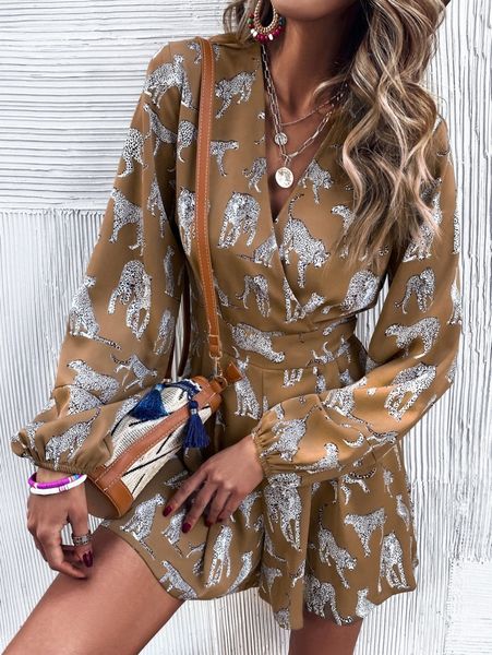 

surplice neck leopard print jumpsuit h0vx#, White