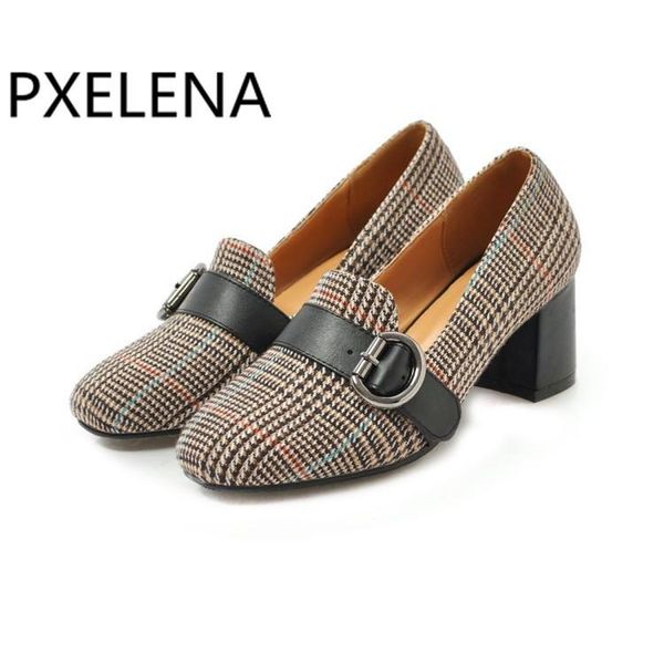

vintage chunky block high heel women shoes square toe plaid fashion buckle office ladies slip on plus size 34-43 dress, Black