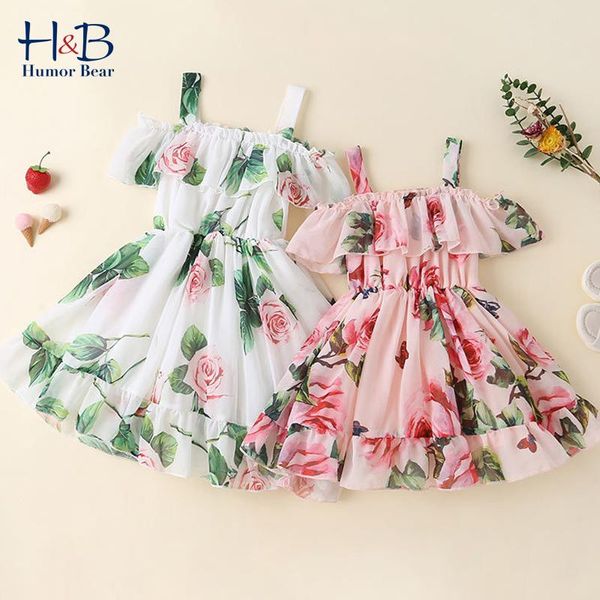 

girl's dresses humor bear girls dress 2021 summer sling off-shoulder floarl printed cute princess toddler kids clothes, Red;yellow