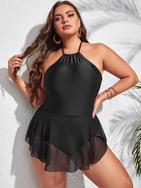 

plus contrast mesh halter one piece swimsuit 815s#, Black