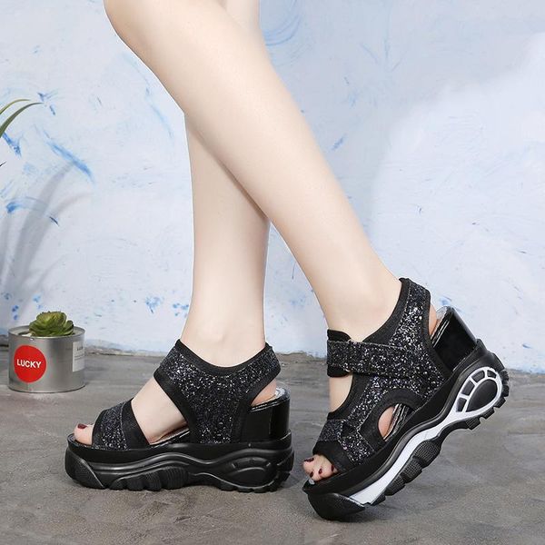 

dress shoes 10cm high heels gladiator sandals woman wedges platform sandal white black women slingback sequin