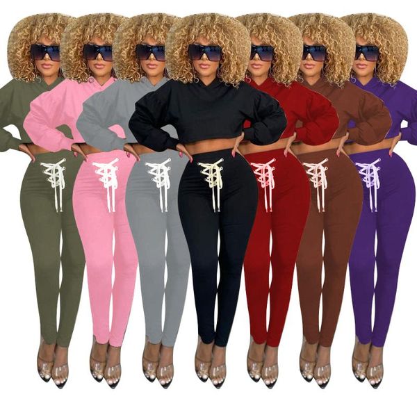 

women's two piece pants autumn sets long sleeve hooded crop bodycon tracksuits women bandage basic suits wholesale drop, White