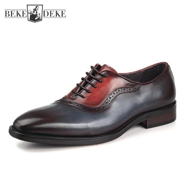 

dress shoes handmade mens genuine leather derby business pointed toe brand design mixed colors retro carved brogue, Black