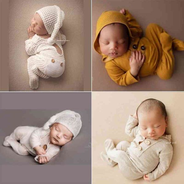 Recém-nascido traje de fotografia romper macio macio longo chapéu de bebê roupas para foto shoot photobooth adereços acessórios 210317