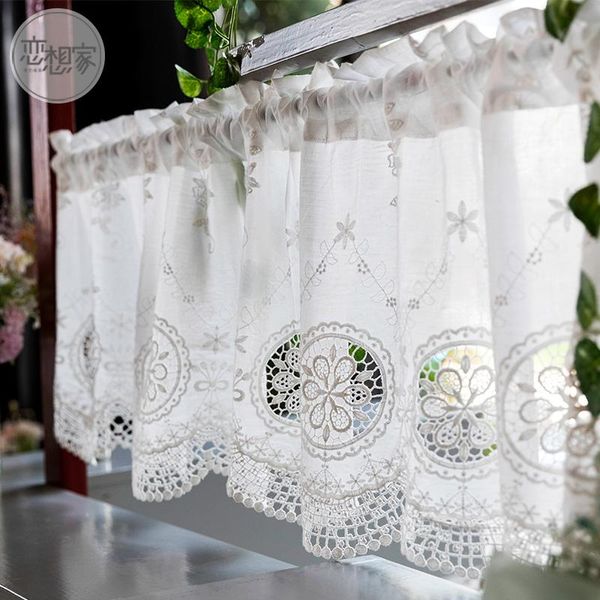 Tende per tende Tende da cucina americane Bianche di lusso corte con fiori ricamati Porta pastorale Caffè Mezza finestra DecorCurtain