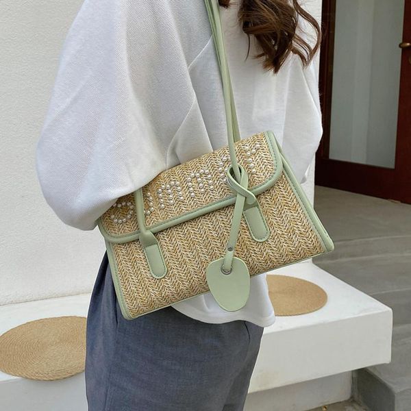 

evening bags small straw weave for women 2021 summer flap shoulder bag handle handbag female pearl decorate tote bolsa feminina