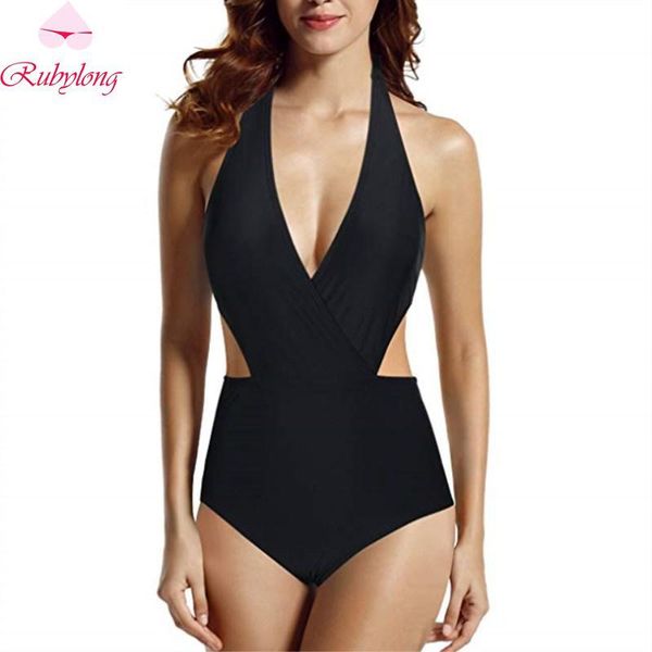 

one-piece suits rubylong solid one piece swimsuit women halter vintage swimwear female push up bathing suit backless monokini beach wea
