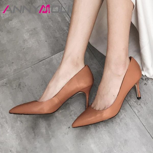 

dress shoes annymoli high heels women pumps natural genuine leather thin heel cow pointed toe office ladies size 39, Black